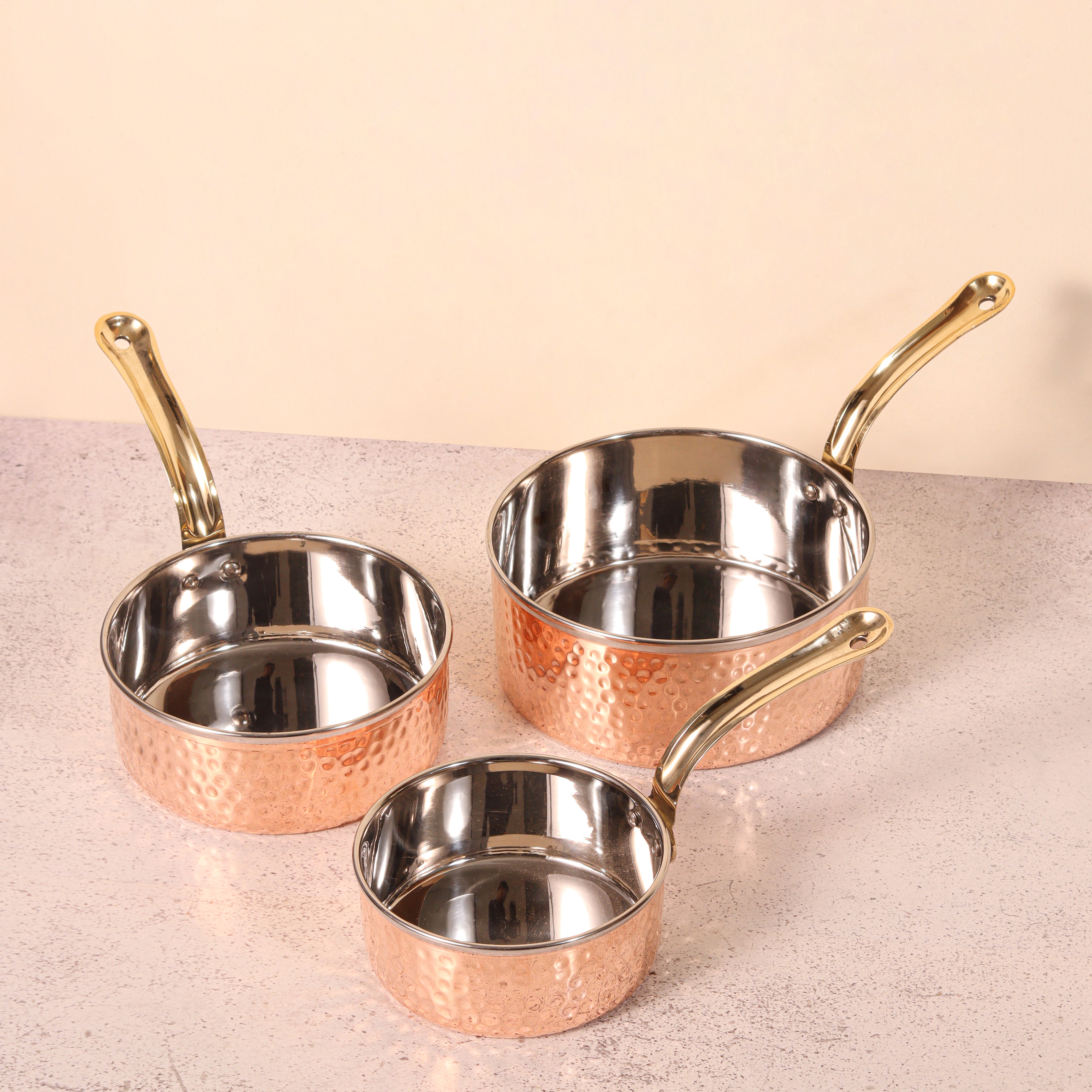 Food Serving 2 Ply Copper and Steel Curry Pan Set of 3 with Brass Handle