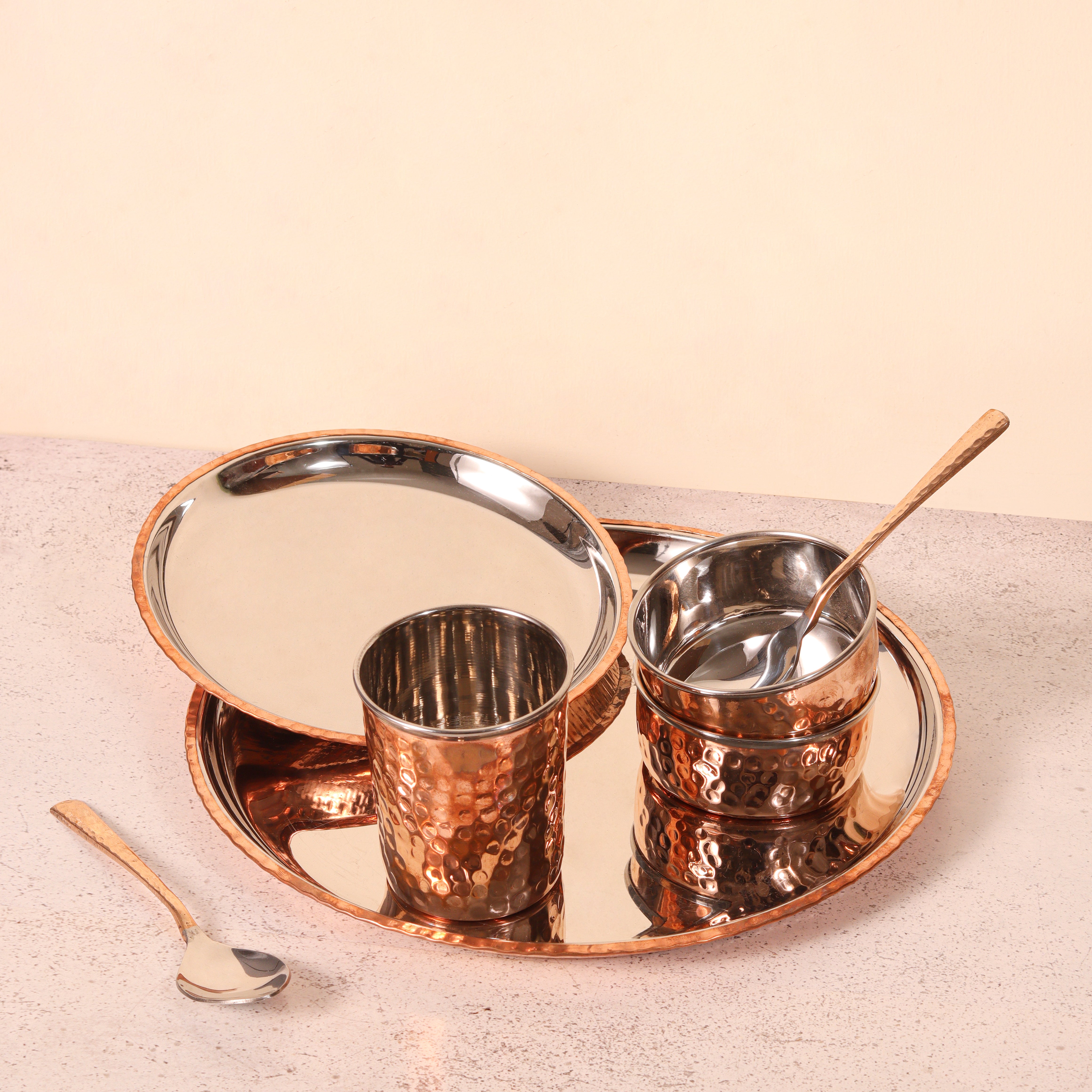 Copper and Steel Dinner Set (One plate, Two Bowls, One glass, Two Spoons and one Quarter Plate)