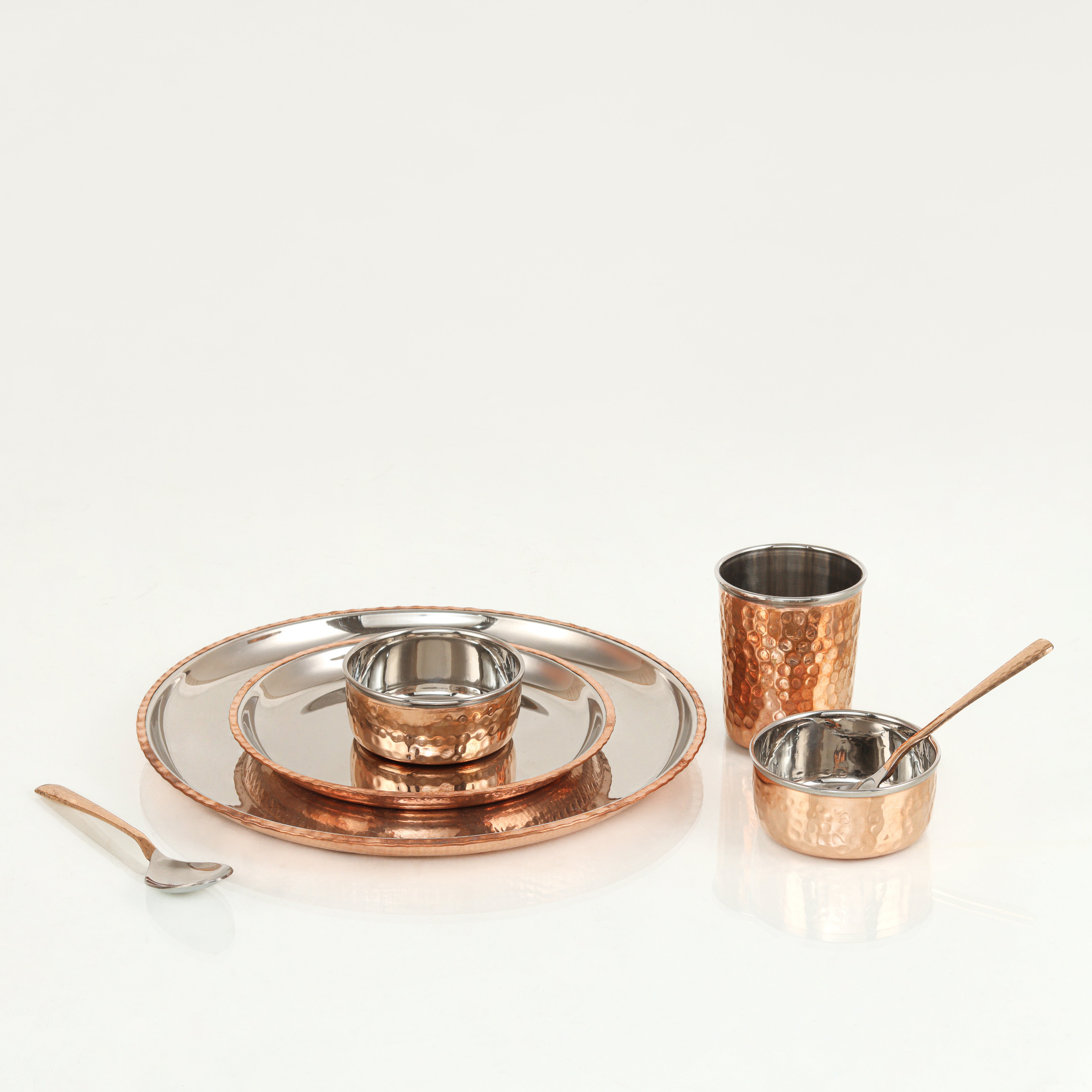 Copper and Steel Dinner Set (One plate, Two Bowls, One glass, Two Spoons and one Quarter Plate)