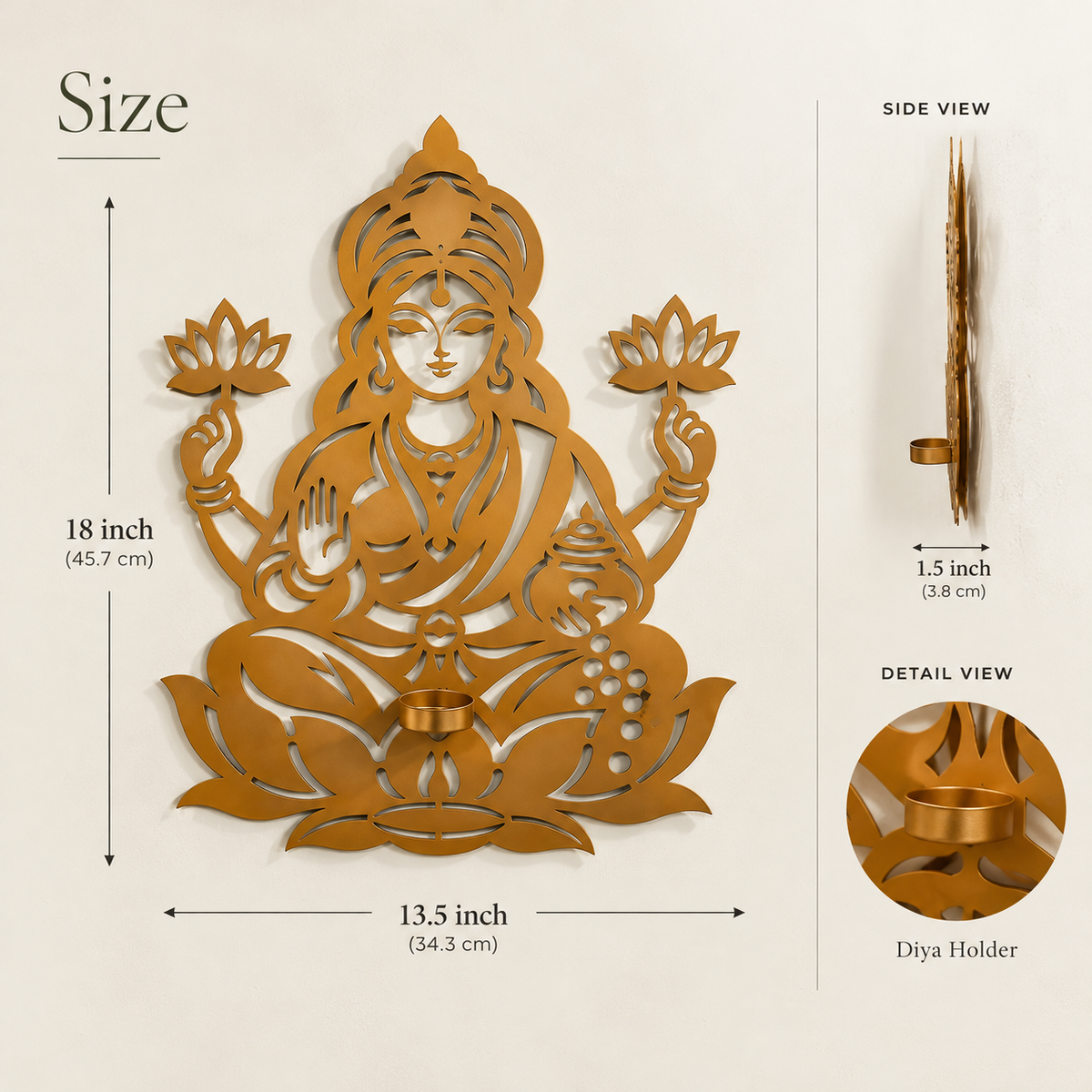 Laxmi Ji wall hanging with candle stand size guide