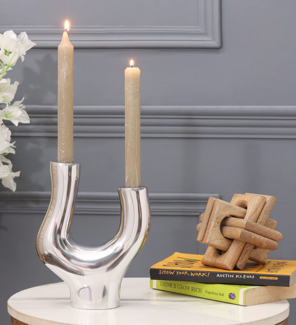 Aluminium Leafeless Candle Stand with Shiny Aluminium Finishing Table & Floor Top for All Festival Home Decoration