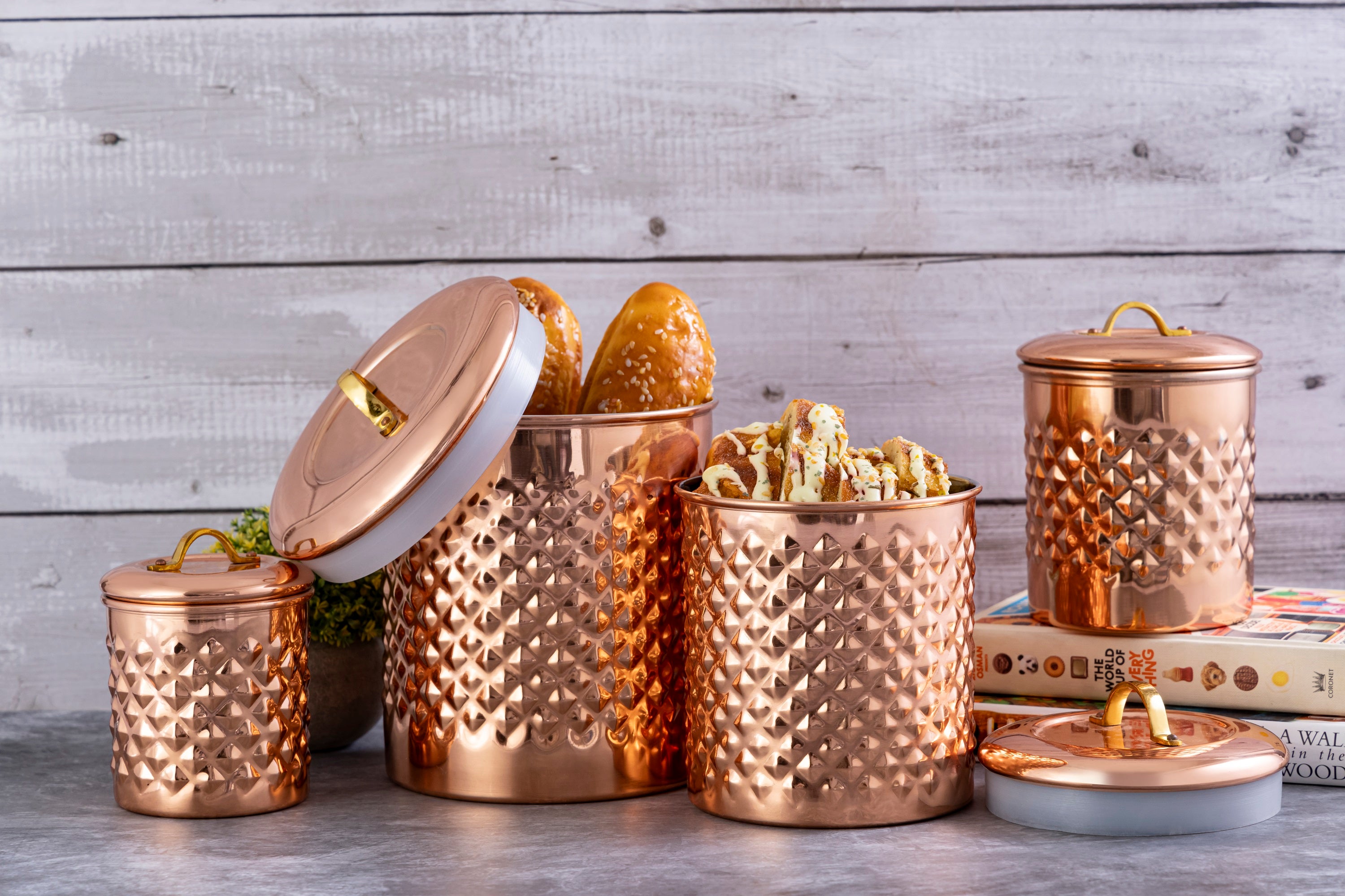 Diamond Emobosed Kitchen Storage Canister Platting of Copper Set Includes Large, Medium, Small & Extra Small Sizes | Kitchen Organiser & Condiment storage (Set of 4)