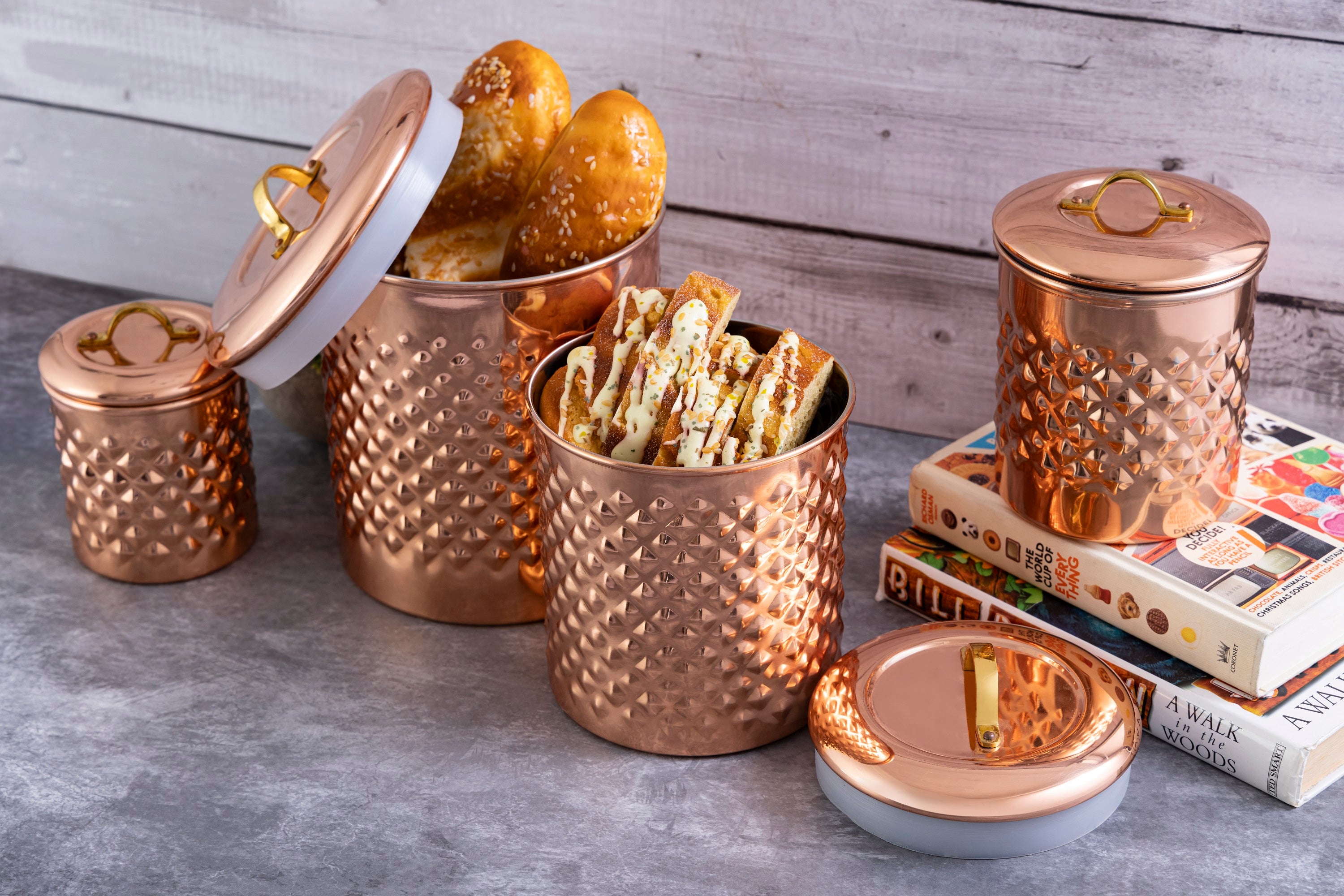 Diamond Emobosed Kitchen Storage Canister Platting of Copper Set Includes Large, Medium, Small & Extra Small Sizes | Kitchen Organiser & Condiment storage (Set of 4)