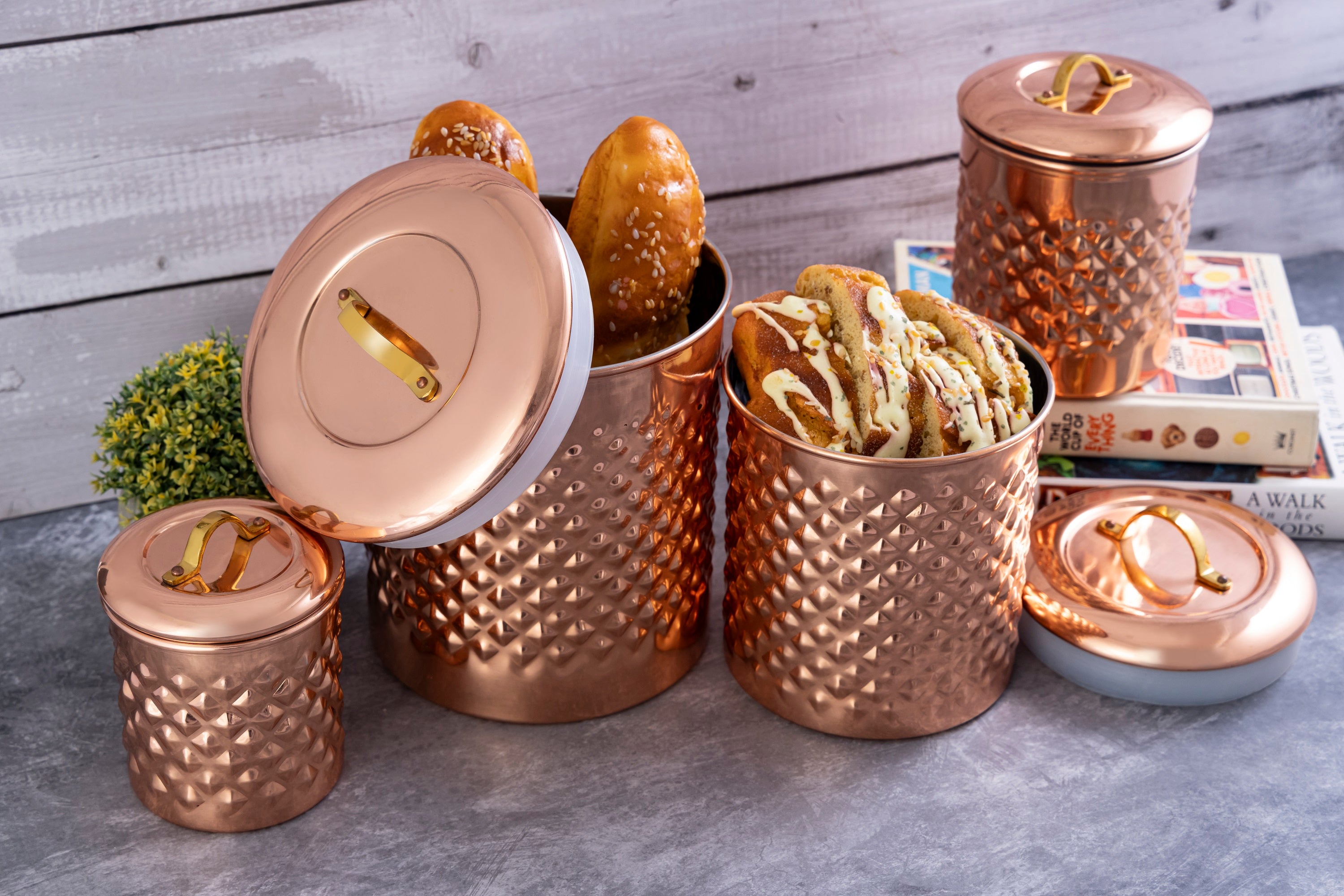 Diamond Emobosed Kitchen Storage Canister Platting of Copper Set Includes Large, Medium, Small & Extra Small Sizes | Kitchen Organiser & Condiment storage (Set of 4)