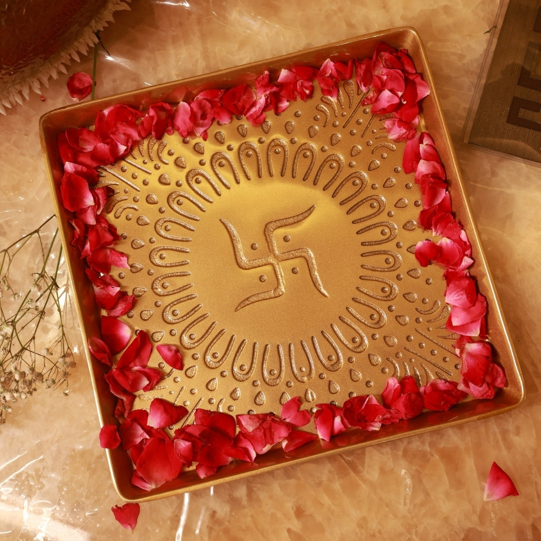 Swastik Gold Finish Urli Platter - Decorative Bowl for Flowers & Candles