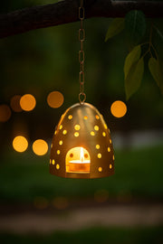 Hanging Enclosed Cave Votive Holder - Elegant Metal Lantern for Home Decor - Perfect for Candles and Tea Lights - Handcrafted Design for Cozy Ambiance