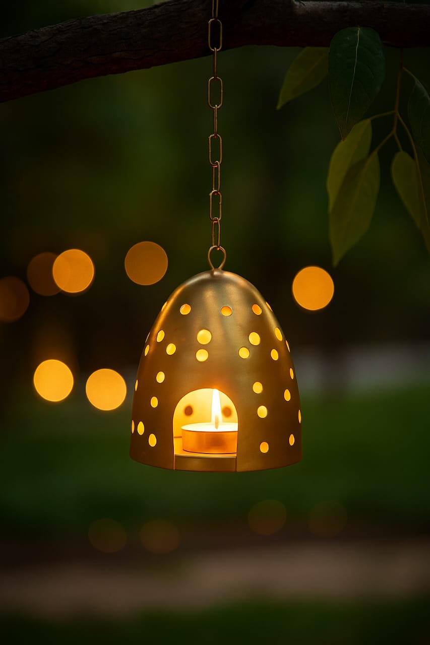 Hanging Enclosed Cave Votive Holder - Elegant Metal Lantern for Home Decor - Perfect for Candles and Tea Lights - Handcrafted Design for Cozy Ambiance