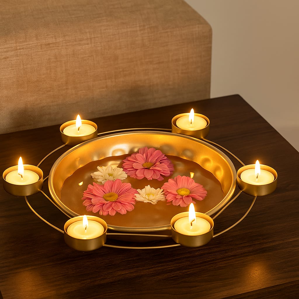 Hexagon Radiant Urli with Candle Holders – Designer Floating Bowl
