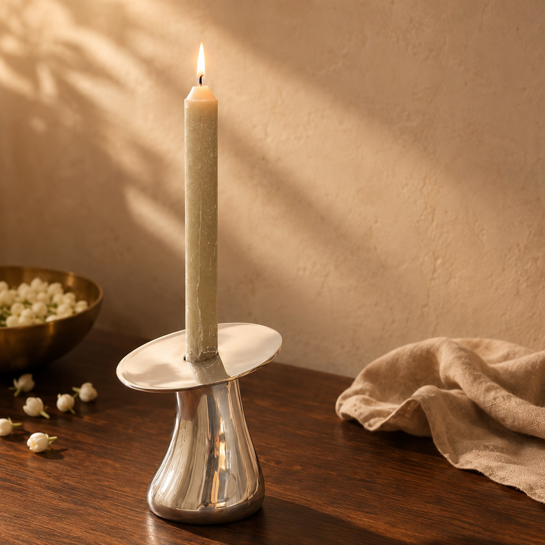 Mushroom Candle Stand in Shiny Aluminium, Unique Metal Holder